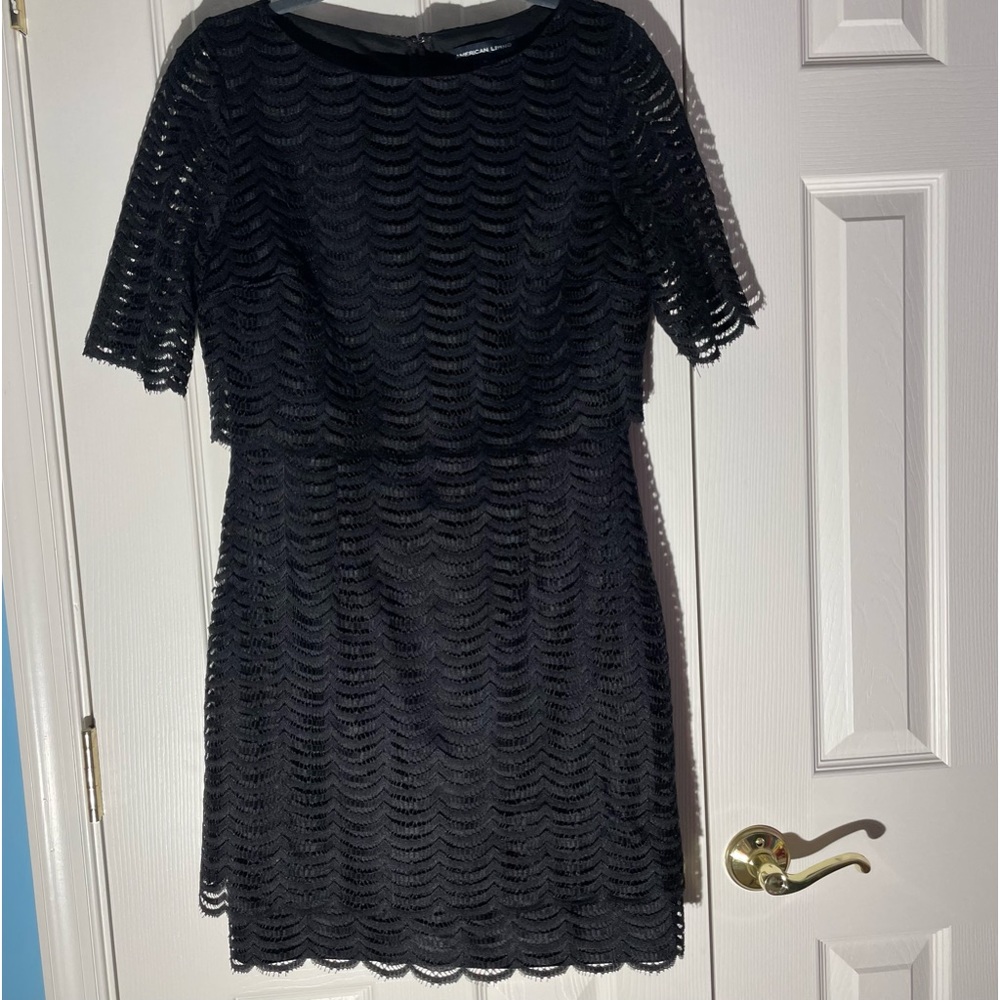 American Living black lace mid sleeve scoop neck tiered little black dress goth